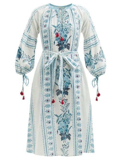 D'Ascoli - Olga Belted Floral-print Cotton-khadi Dress - Womens - Blue Multi