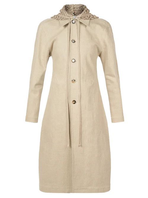Detachable Macramé-hood Linen-blend Coat - Womens - Beige