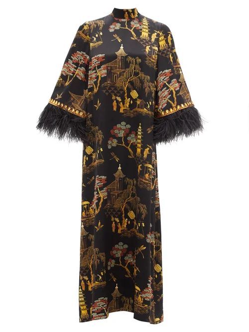 Coromandel-print Embellished Silk-blend Maxi Dress - Womens - Black Gold
