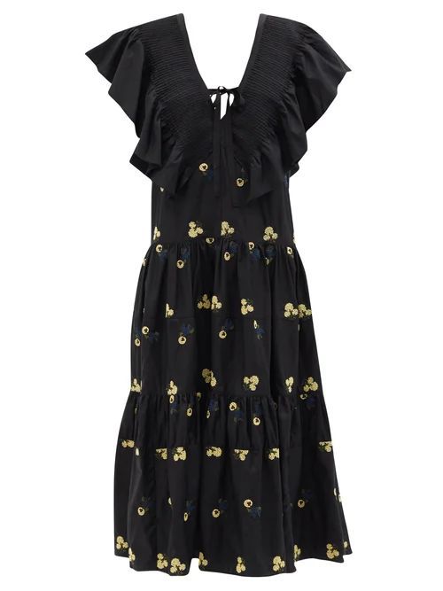 Cora Ruffled Floral-embroidered Cotton Midi Dress - Womens - Black
