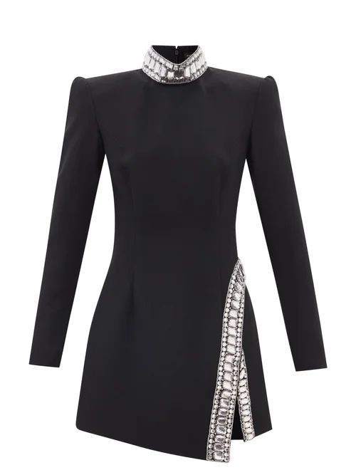 Crystal-embellished High-neck Crepe Mini Dress - Womens - Black Multi