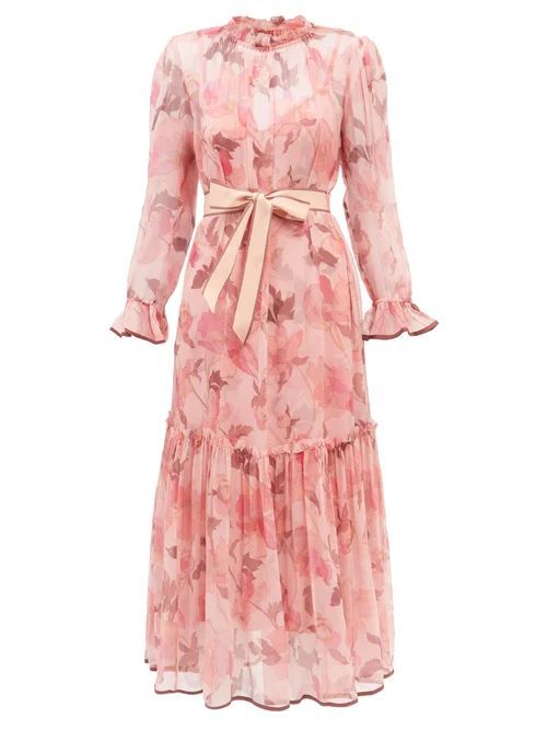 Concert Ruffled Floral-print Chiffon Midi Dress - Womens - Pink Print