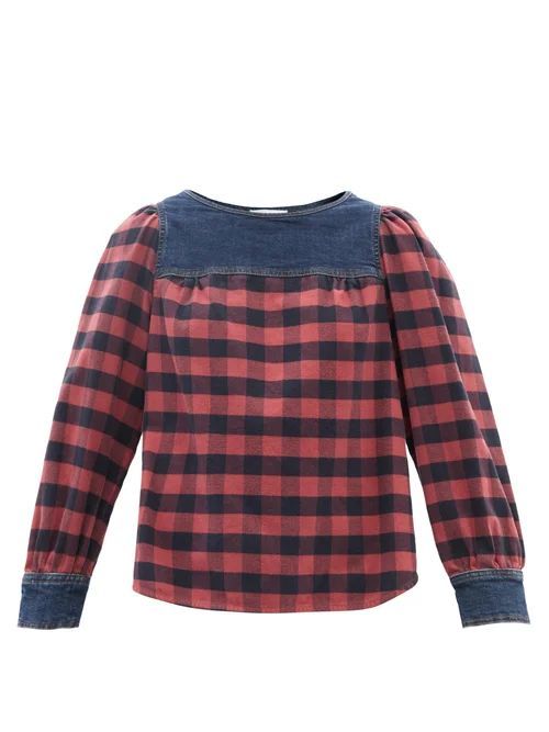 Denim-trimmed Checked-flannel Blouse - Womens - Red Multi