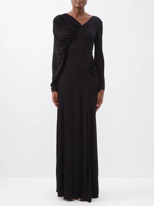Asymmetric Draped Jersey Maxi Dress - Womens - Black