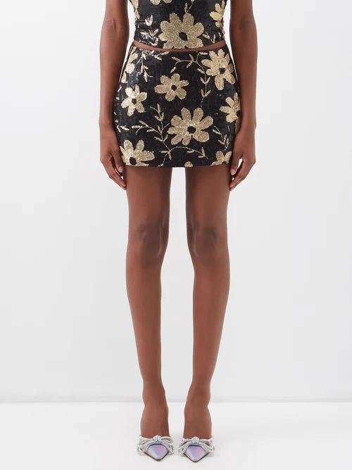 Floral Sequinned Georgette Mini Skirt - Womens - 01bk
