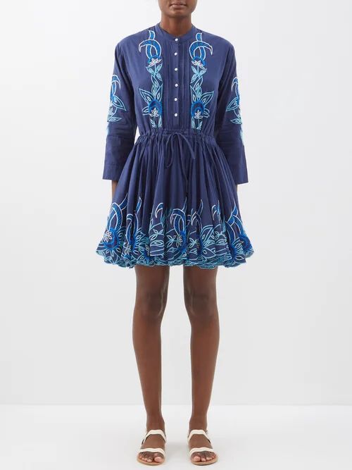 Floral-embroidered Cotton Mini Shirt Dress - Womens - Navy Multi