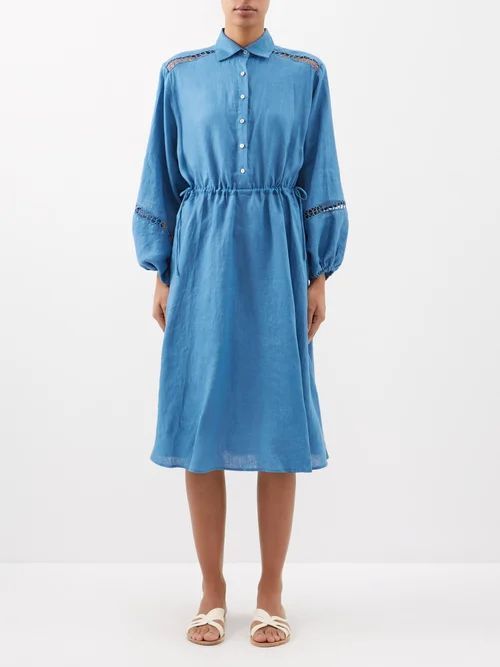 Lattice-panelled Linen Shirt Dress - Womens - Blue