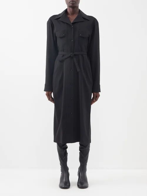 Flap-pocket Belted Twill Dress - Womens - Black