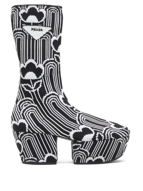Floral-jacquard Platform Boots - Womens - Black/white