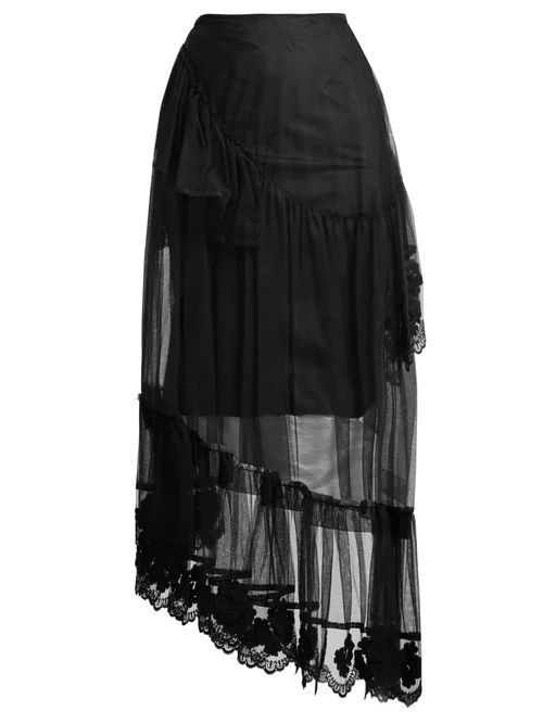 Embroidered Lace-trimmed Tulle Skirt - Womens - Black