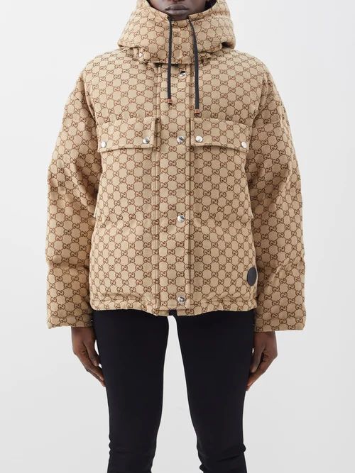 GG-jacquard Quilted Cotton-blend Canvas Down Coat - Womens - Light Brown Multi