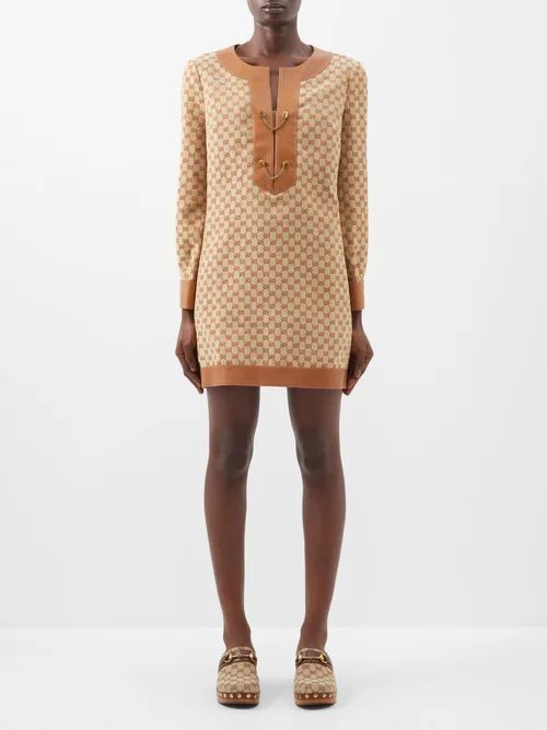 GG-monogram Leather-trim Linen-blend Mini Dress - Womens - Beige