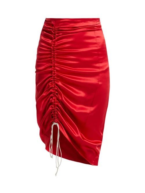 Gathered Silk-satin Pencil Skirt - Womens - Red