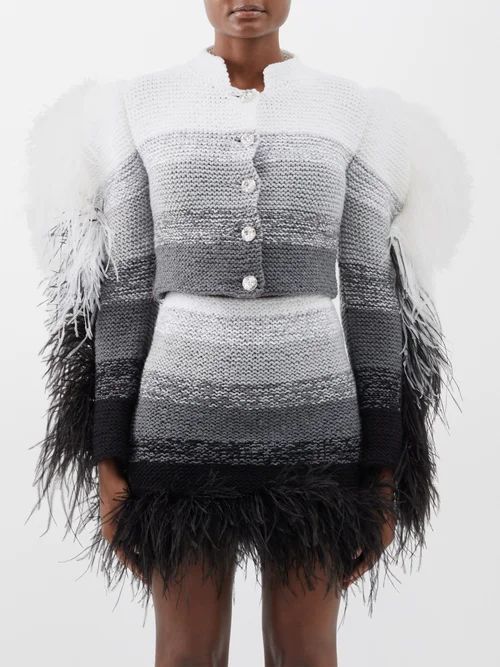 Feather-trim Ombré Knitted Jacket - Womens - Black Grey