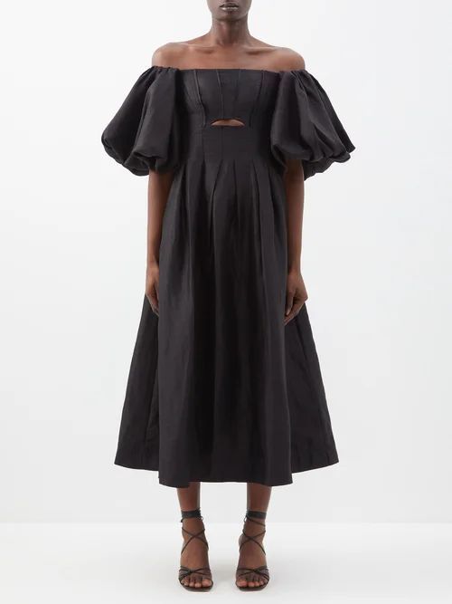 Eugenie Off-the-shoulder Linen-blend Dress - Womens - Black