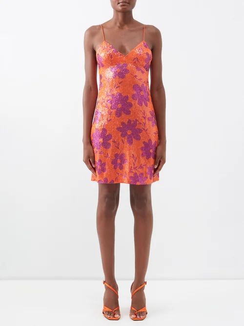 Floral-sequinned Mini Dress - Womens - Orange Multi