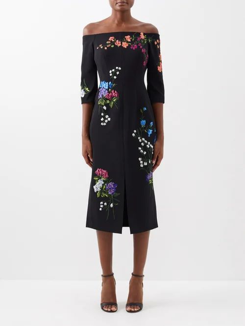 Floral-embroidered Off-the-shoulder Crepe Dress - Womens - Black
