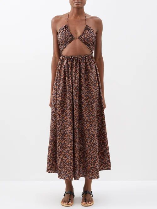 Floral-print Cutout Organic-cotton Dress - Womens - Brown Print