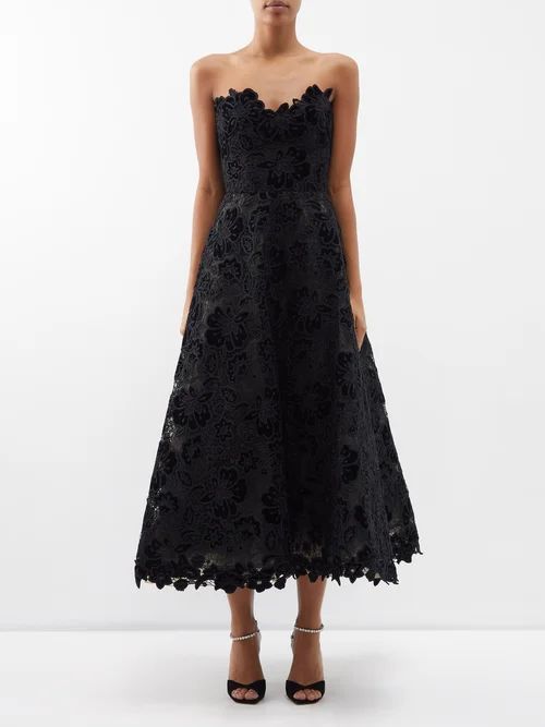 Floral-lace And Velvet Strapless Gown - Womens - Black
