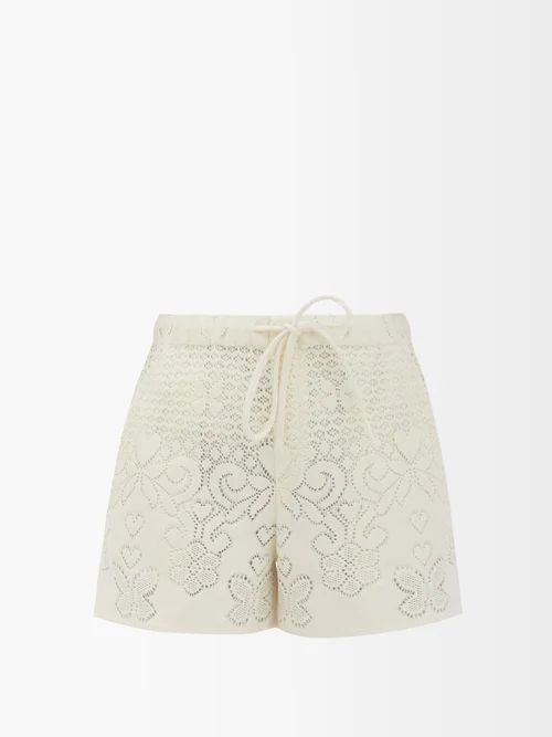 Hearts Floral-embroidered Cotton-blend Shorts - Womens - Ivory