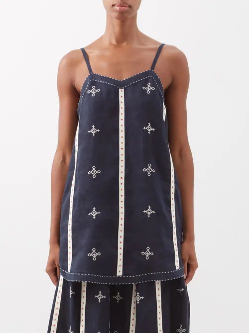 Gera Embroidered Linen Cami Top - Womens - Navy