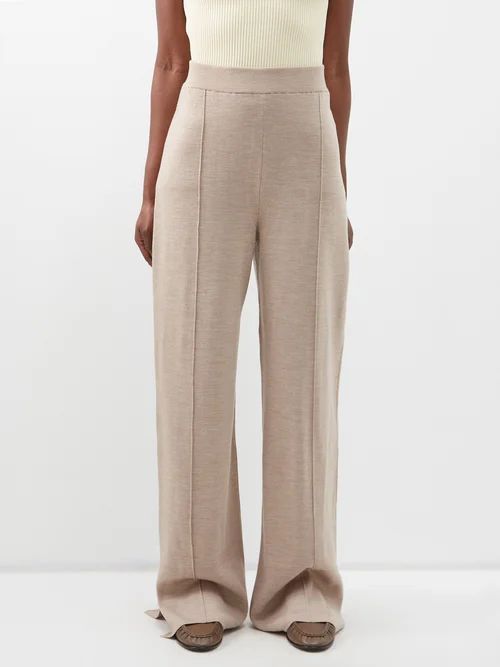 Egle Knitted Side-slit Trousers - Womens - Beige