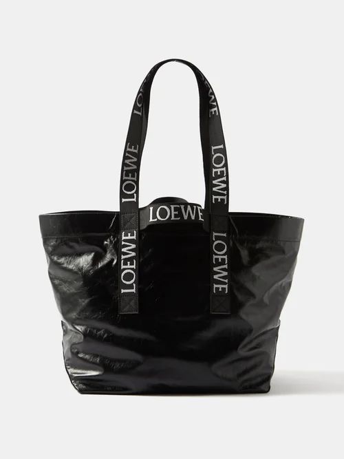 Fold Logo-strap Leather Tote Bag - Womens - Black
