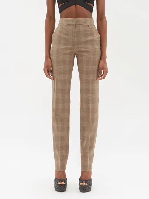 Houndstooth-check Twill Trousers - Womens - Brown
