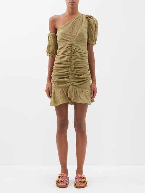 Lecia Off-the-shoulder Ruffled Cotton Dress - Womens - Khaki
