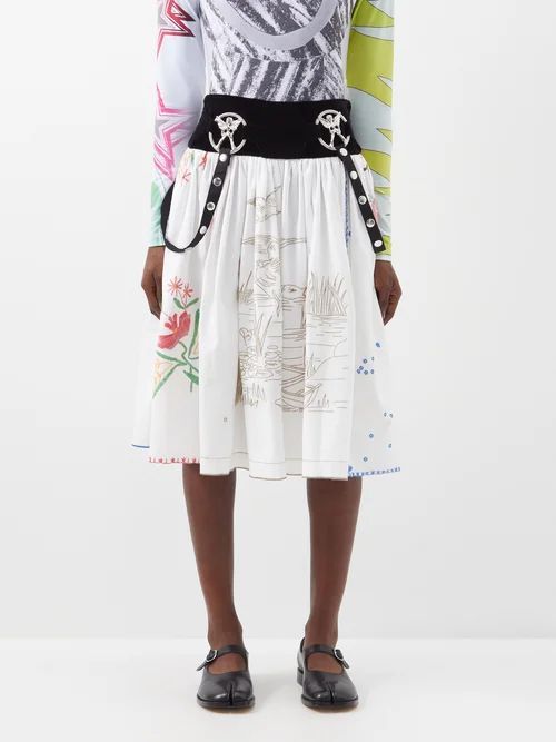 Embroidered Gathered Cotton Midi Skirt - Womens - White Multi