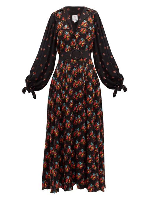 Gül Hürgel - Contrast-sleeve Belted Poplin Dress - Womens - Navy Print