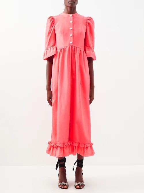Ella Ruffle-trim Moiré Midi Dress - Womens - Pink