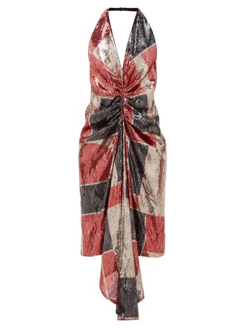 Geometric Ruched Sequinned Halterneck Dress - Womens - Red Print