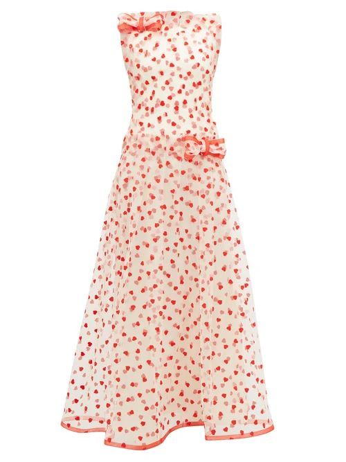 Flocked Heart-pattern Tulle Maxi Dress - Womens - Red Multi