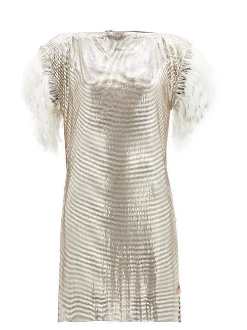 Feather-trim Chainmail Mini Dress - Womens - Silver