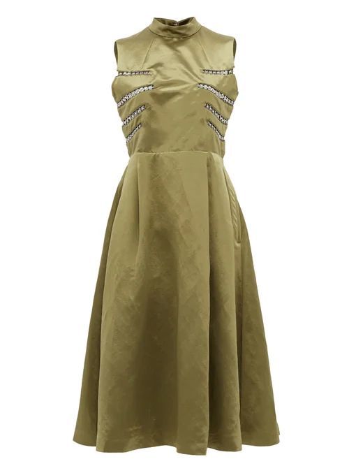 Eyelet-embellished Open-back Satin Midi Dress - Womens - Khaki