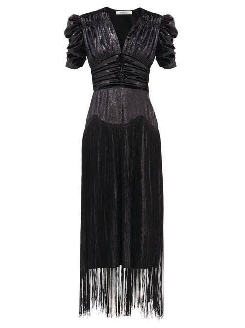 Fringed Ruched Lamé Dress - Womens - Black