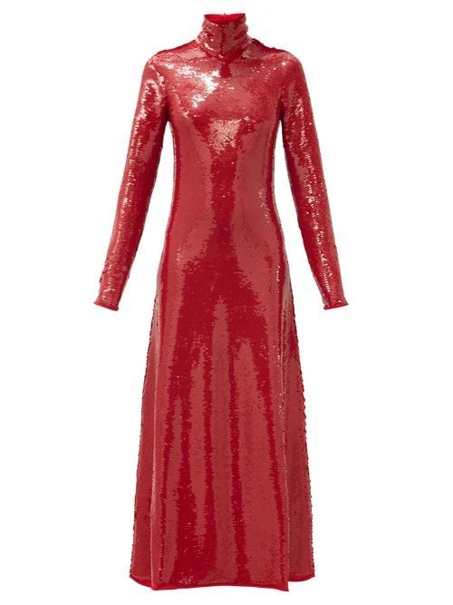 High-neck Open-back Sequinned Gown - Womens - Red