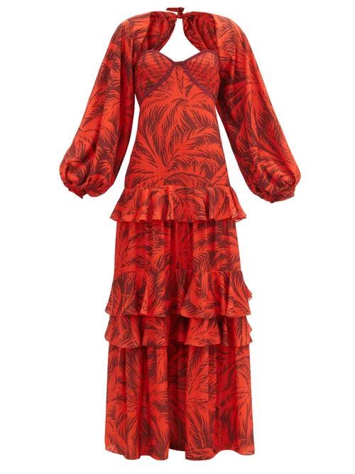 Festive Spirit Palm Tree-print Crepe Maxi Dress - Womens - Red Multi