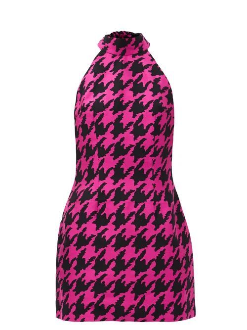 Halterneck Houndstooth-jacquard Twill Mini Dress - Womens - Black Pink