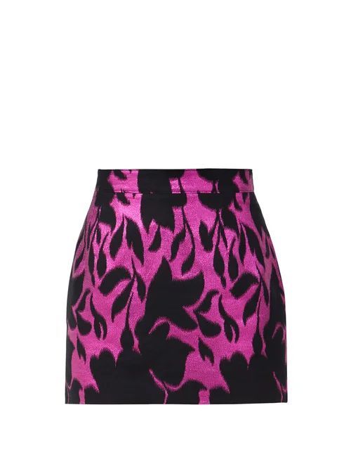 High-rise Floral Metallic-jacquard Mini Skirt - Womens - Black Pink