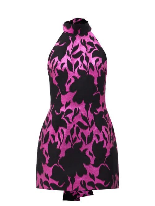 Floral-jacquard Halterneck Glitter Mini Dress - Womens - Black Pink