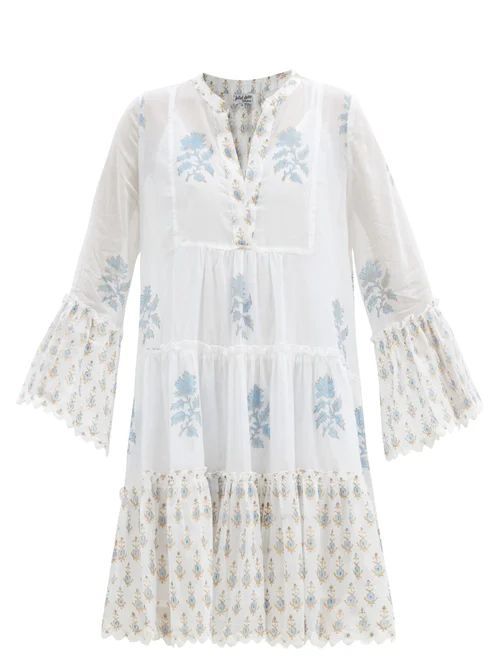 Juliet Dunn - Floral-print Tiered Cotton Mini Dress - Womens - Blue White