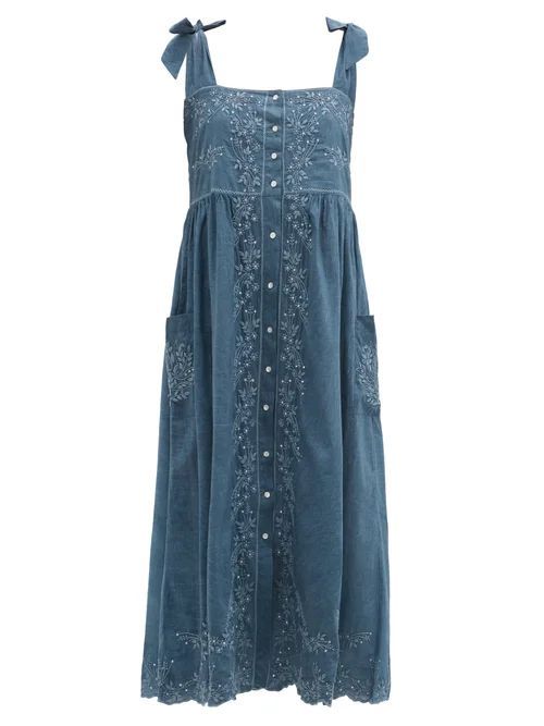 Juliet Dunn - Square-neck Hand-embroidered Cotton-chambray Dress - Womens - Blue