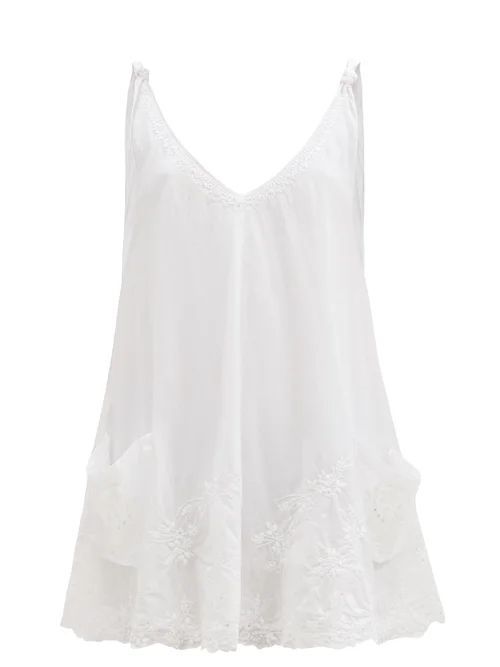 Juliet Dunn - V-neck Hand-embroidered Cotton-voile Mini Dress - Womens - White