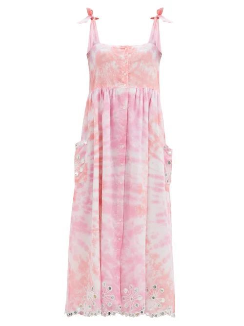 Floral-embroidered Tie-dyed Cotton Midi Dress - Womens - Pink White