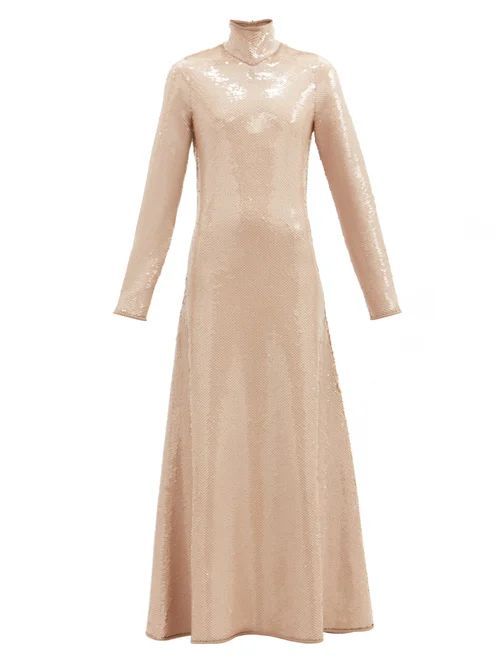 High-neck Open-back Sequinned Gown - Womens - Beige