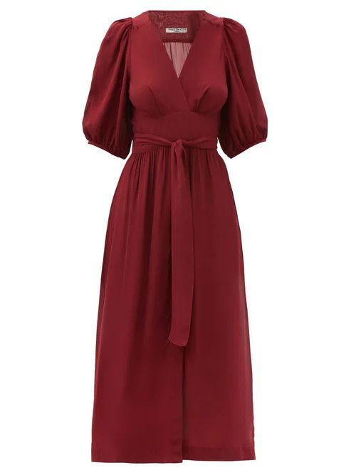 Fiona Puff-sleeve Midi Wrap Dress - Womens - Dark Red