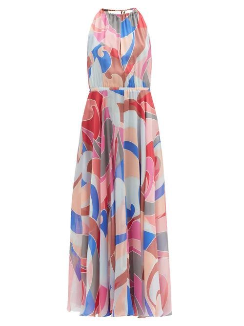 Emilio Pucci - Gathered Quirimbas-print Silk-chiffon Maxi Dress - Womens - Pink Multi