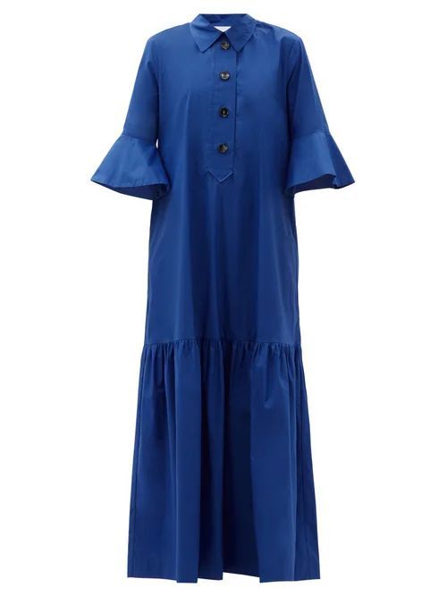 La DoubleJ - Artemis Fluted-sleeve Cottton Maxi Shirt Dress - Womens - Dark Blue